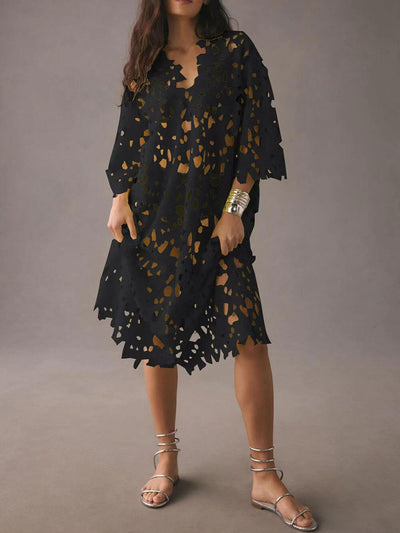 Raquel - Vestido midi de manga larga con ojales florales