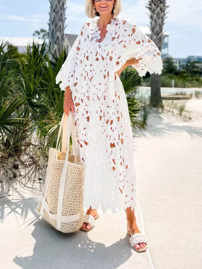 Raquel - Vestido midi de manga larga con ojales florales
