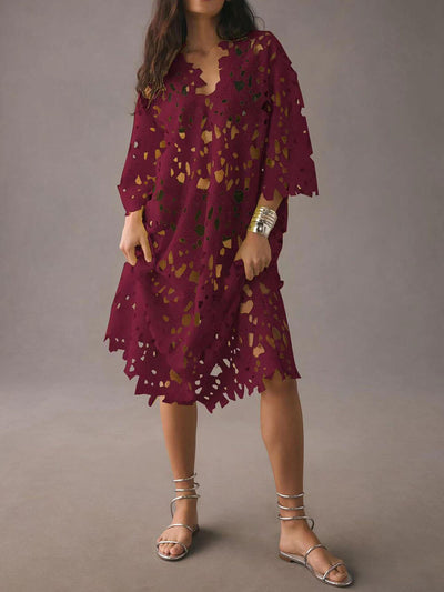 Raquel - Vestido midi de manga larga con ojales florales