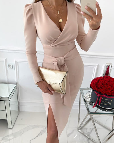 Caitlyn - Elegante vestido midi con escote en V y tirantes anudados