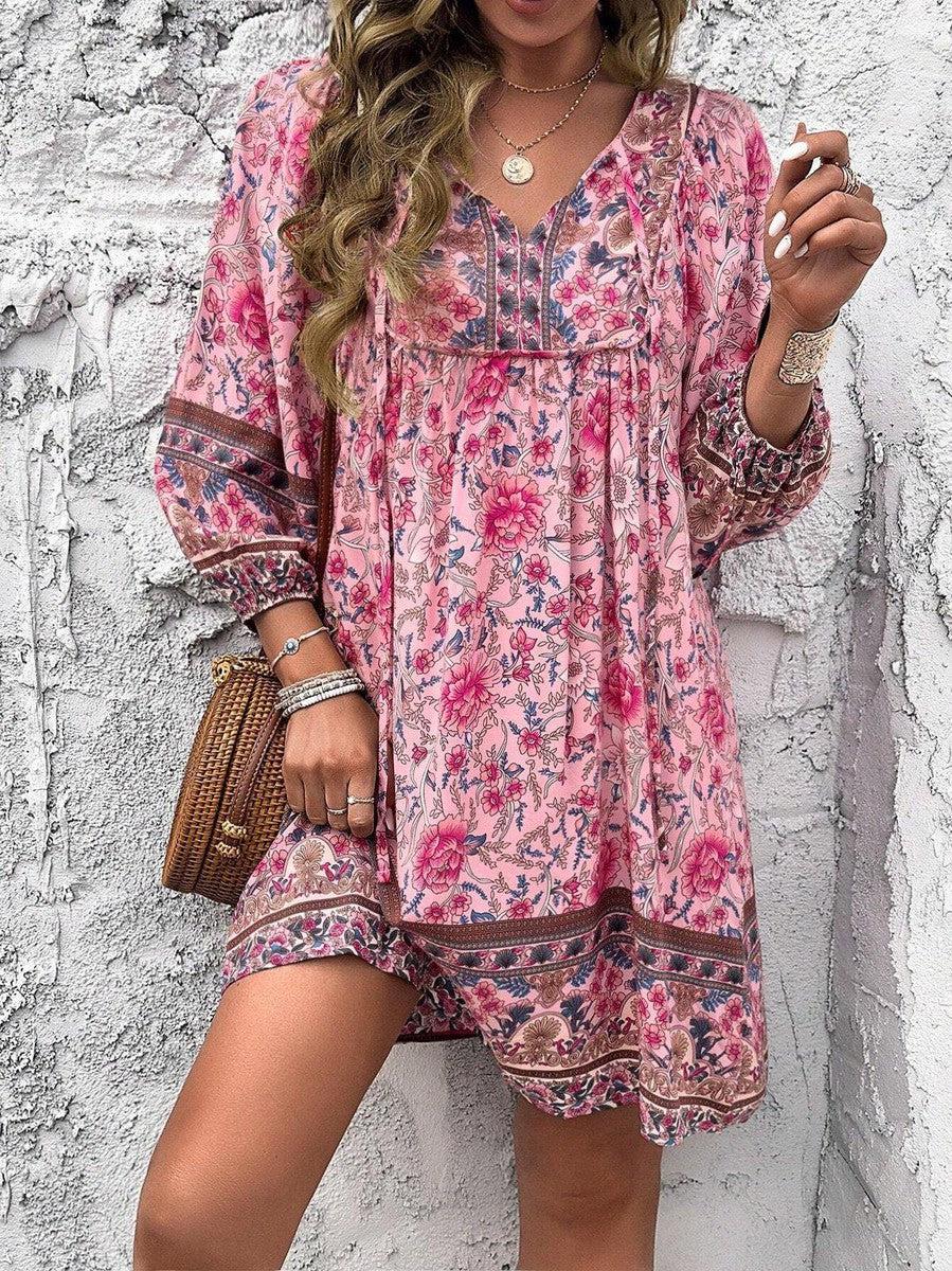 Luna -  Sweet Print V-Neck Mini Dress