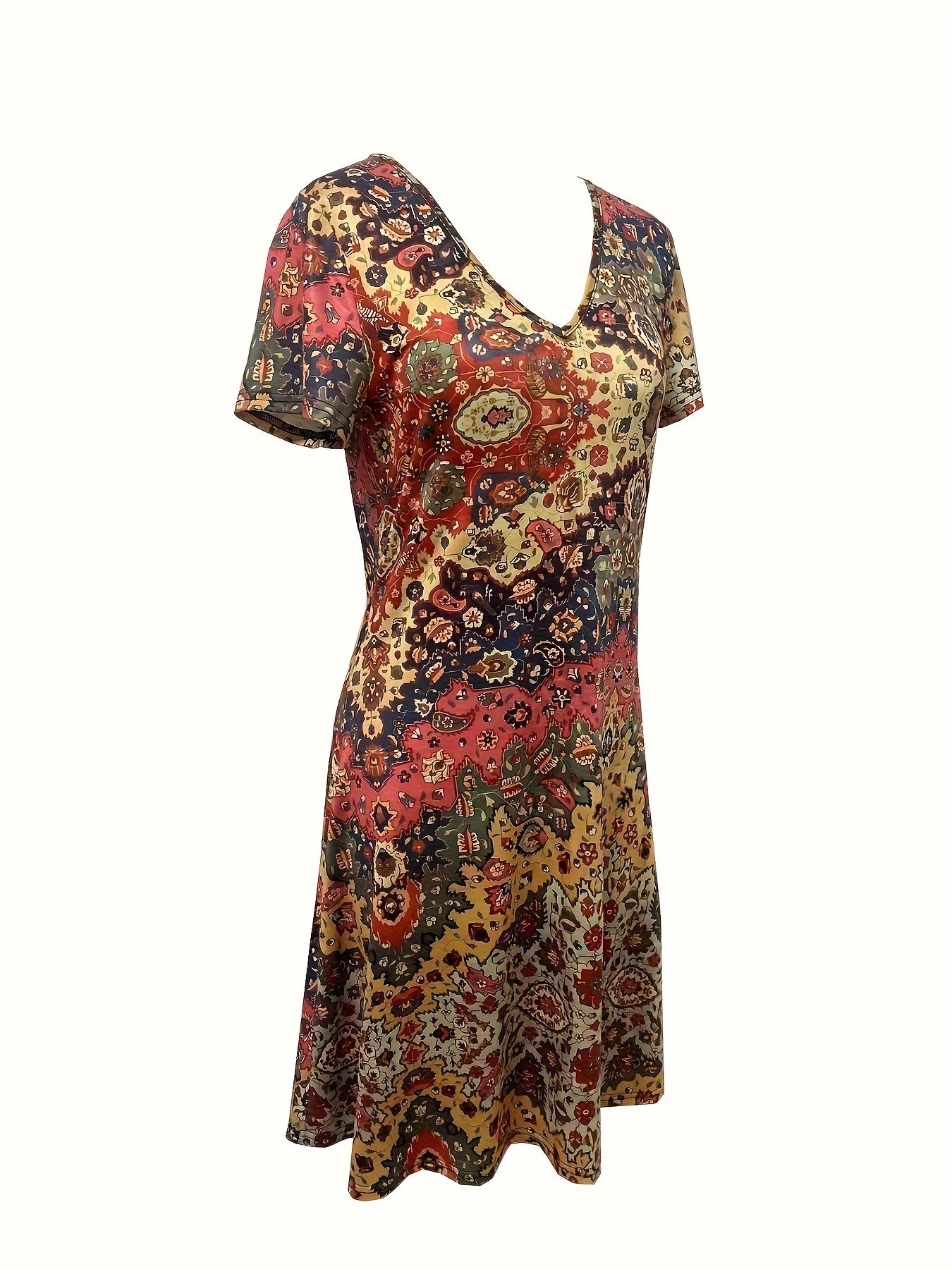 Evelyn - Ethnic Floral Print V-Neck Dress