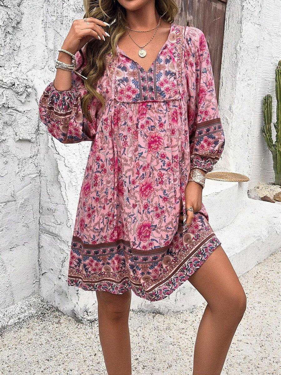 Luna -  Sweet Print V-Neck Mini Dress