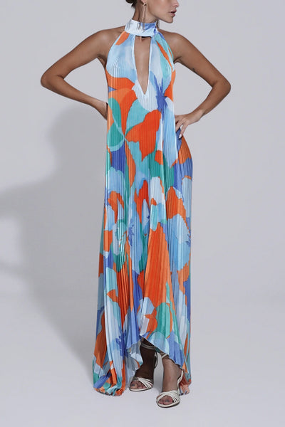 Shalia - Vestido largo plisado con cuello halter sensual