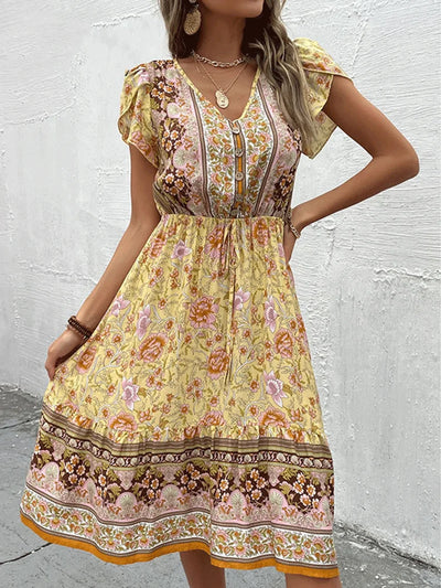 Celia - Vestido midi bohemio con estampado floral verde
