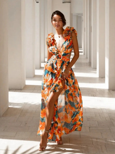 Lexi - Elegante vestido largo con volantes y espalda descubierta