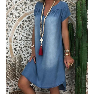 Adalee - Plus Size V-Neck Denim Dress