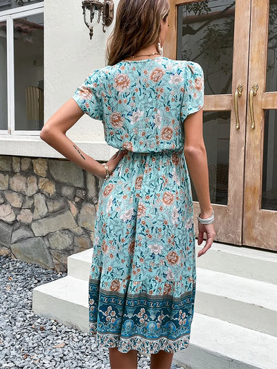 Celia - Vestido midi bohemio con estampado floral verde