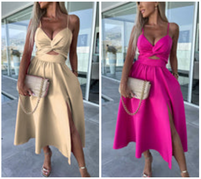 Vanette - Elegant Strappy Front Slit Midi Dress